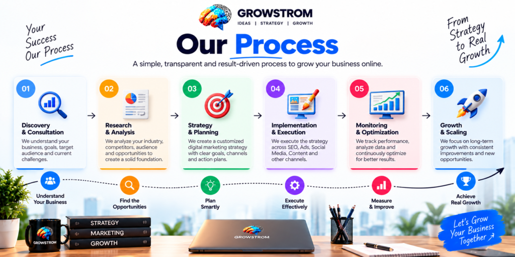 Growstrom digital marketing process from discovery and research to strategy, execution, optimization and business growth
